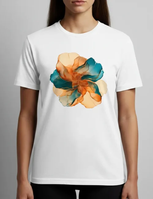 Elara Vane Solar Flare No. 01. Arte abstracto mediterráneo en acuarela sobre camiseta blanca de algodón orgánico.