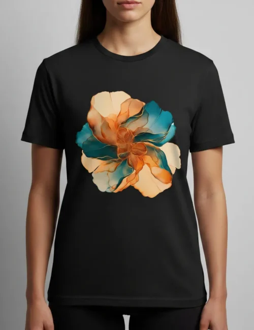 Elara Vane Solar Flare No. 01. Arte abstracto mediterráneo en acuarela sobre camiseta blanca de algodón orgánico.