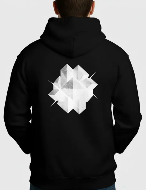 Black heavyweight hoodie with white geometric line art by Julian Hayes. Oversized