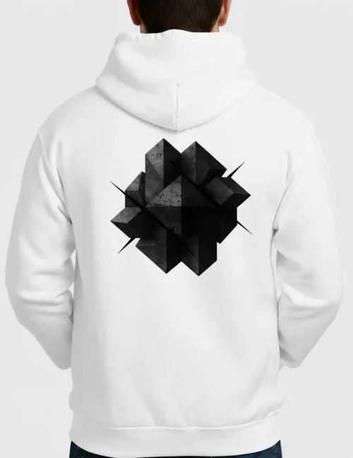 White heavyweight hoodie with black geometric line art by Julian Hayes