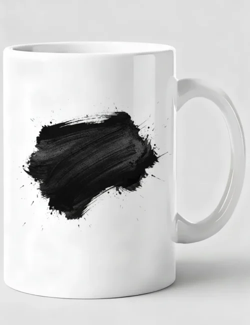 Close-up of matte black ink texture on the 'Kinetic Silence' art mug