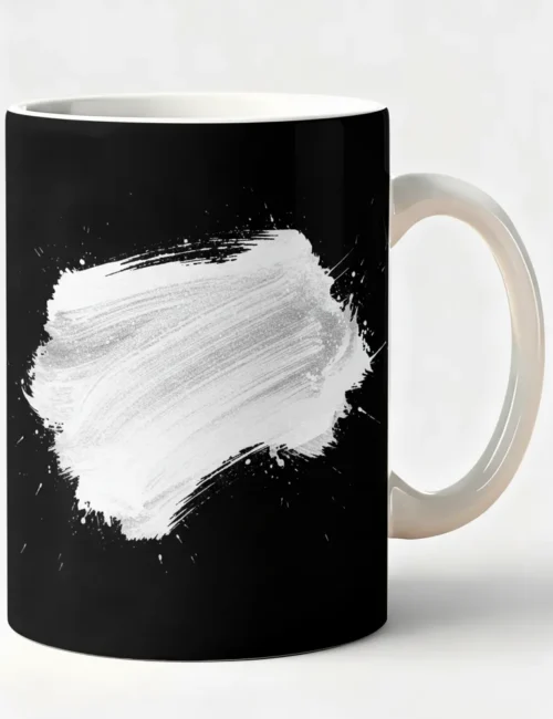Minimalist white ceramic mug with Julian Hayes black ink sumi-e print.