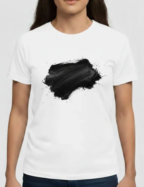 Julian Hayes Kinetic Silence No. 01 black ink stroke white heavyweight graphic t-shirt. Macro shot of dry-brush ink texture on organic cotton designer tee.