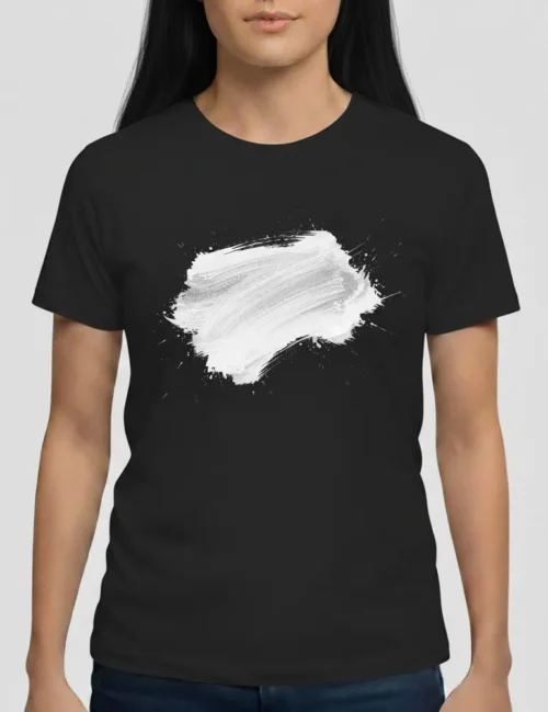 Julian Hayes Kinetic Silence No. 01 black ink stroke white heavyweight graphic t-shirt. Macro shot of dry-brush ink texture on organic cotton designer tee.