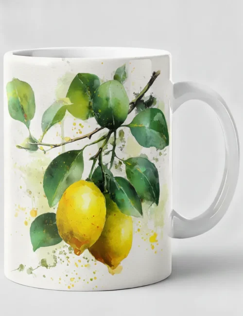 Elara Vane Citrus Solstice No 11 lemon branch watercolor art print on white ceramic mug