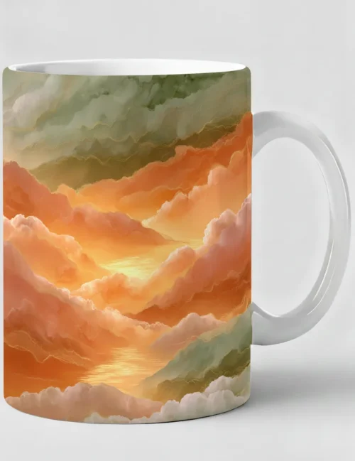 Elara Vane Golden Hour Reflection No 12 orange and sage green watercolor sunset art print on white ceramic mug