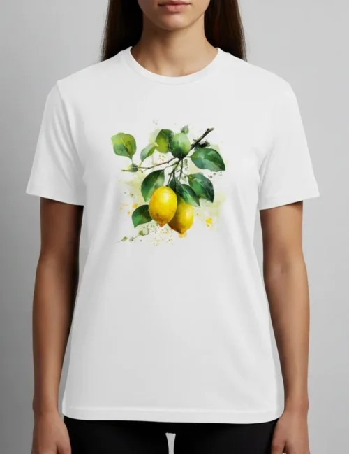 Elara Vane Citrus Solstice No 11, pintura en acuarela de una rama de limón sobre una camiseta blanca orgánica.