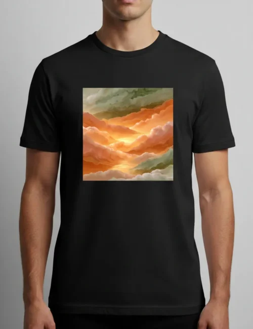 lara Vane Golden Hour Reflection No 12 orange and sage green watercolor sunset art on white t-shirt