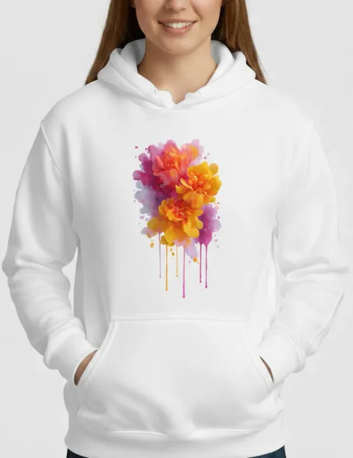 Elara Vane Ethereal Whisper No. 08 romantic peach and lavender abstract floral print on a white organic hoodie.
