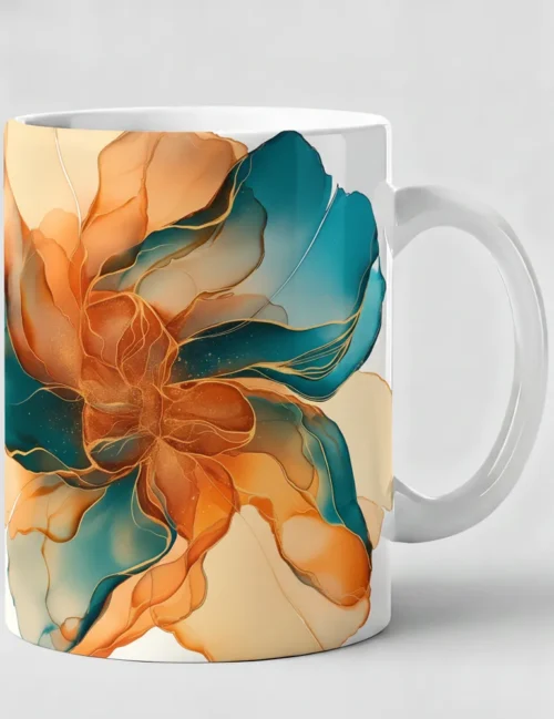 Elara Vane Solar Flare No. 01 abstract watercolor art mug with high-contrast amber and teal design.
