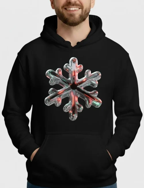Ryu Tanaka Chrome Snowflake No 01 iridescent liquid chrome snowflake on black heavyweight hoodie