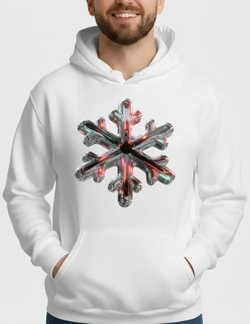 Ryu Tanaka Chrome Snowflake No 01 iridescent liquid chrome snowflake on black heavyweight hoodie