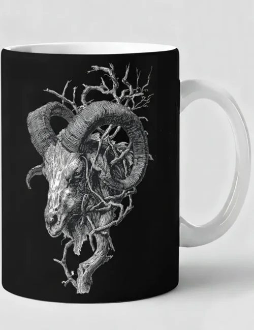 Seraphina Black Krampus Horns No 03 woodcut art on white ceramic mug