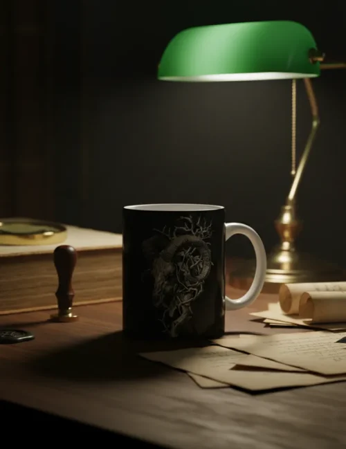 Detail of a hand holding the Seraphina Black art mug next to a vintage candle and old books