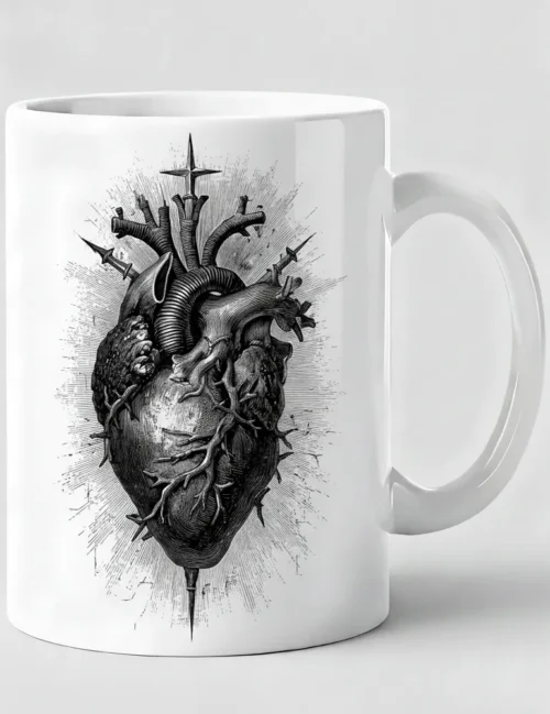 Seraphina Black Sacred Heart No 05 woodcut art on white ceramic mug