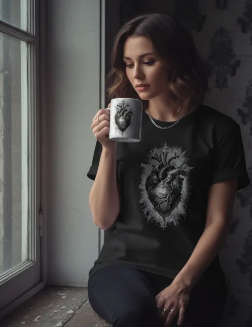 A person holding the Sacred Heart art mug with both hands in a candlelit study setting