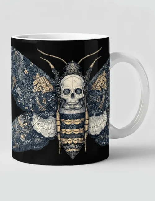 Seraphina Black Silent Witness No 08 death head hawkmoth etching art on white ceramic mug