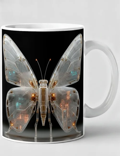 Ryu Tanaka Mecha Morpho No 03 3D liquid chrome butterfly art print on white ceramic mug