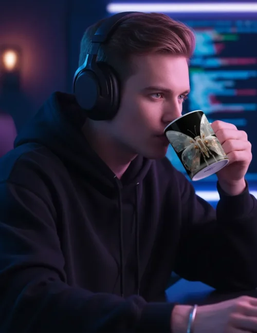 A person holding the Mecha Morpho art mug with both hands in a neon-lit creative studio