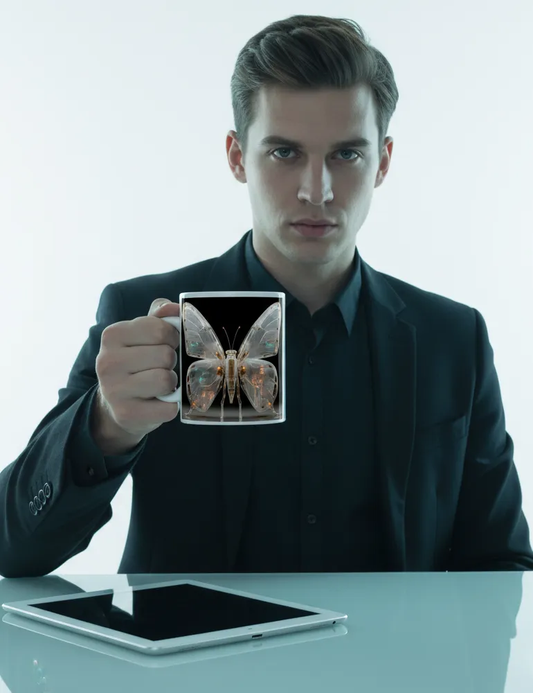 Mecha Morpho No. 03 – 3D Liquid Chrome Butterfly Art Mug | Ryu Tanaka Artist Series
