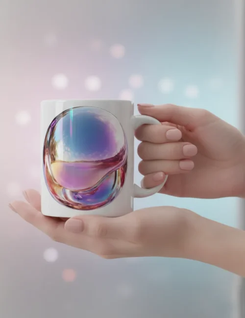 Macro view of the prism reflections and glossy surface textures on the white ceramic mug