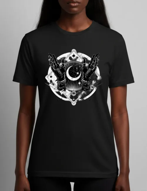 Seraphina Black Celestial Reach No 02 alchemy hands moon art on premium soft white cotton tee