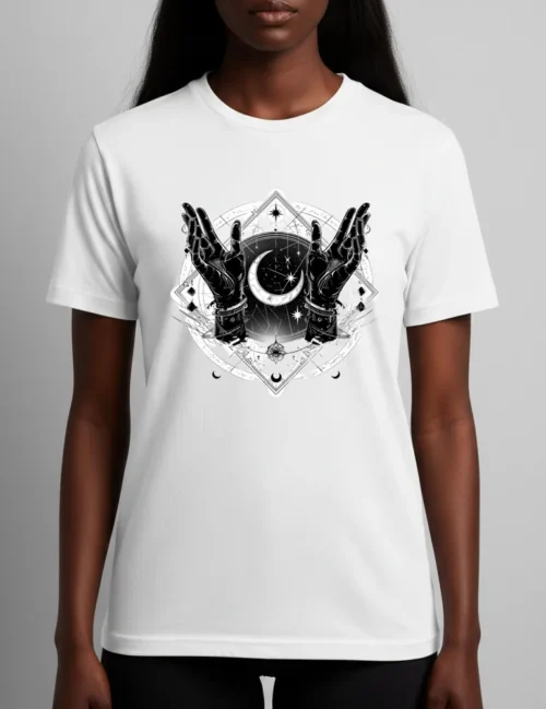 Seraphina Black Celestial Reach No 02 alchemy hands moon art on premium soft white cotton tee