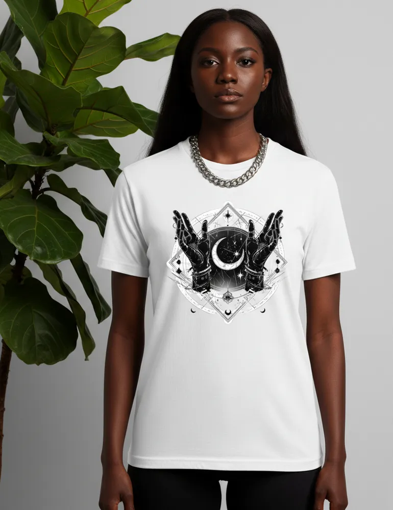 Celestial Reach No. 02 – Unisex Alchemy Moon & Stars Tee | Seraphina Black Signature Series