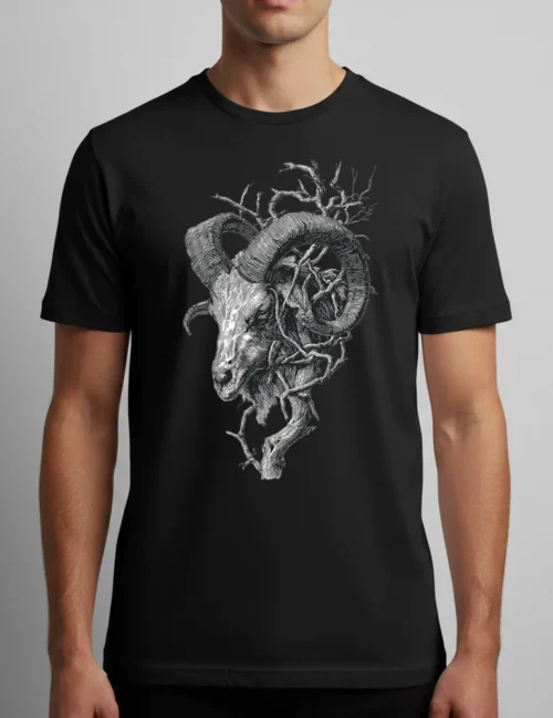 Seraphina Black Krampus Horns No 03 twisted goat horns woodcut art on soft premium white cotton tee
