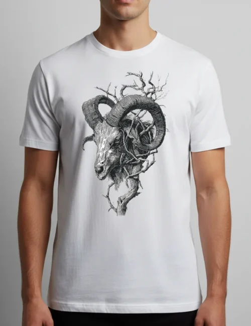 Seraphina Black Krampus Horns No 03 twisted goat horns woodcut art on soft premium white cotton tee