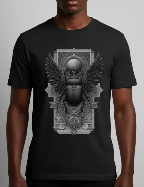 Seraphina Black Sacred Beetle No 04 geometric scarab beetle art on white premium cotton t-shirt