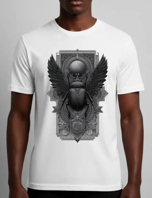 Seraphina Black Sacred Beetle No 04 geometric scarab beetle art on white premium cotton t-shirt