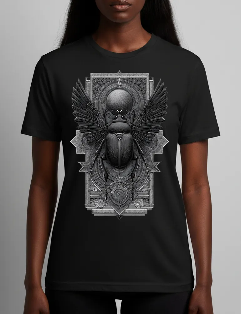 Sacred Beetle No. 04 – Unisex Esoteric Egyptian Etching T-shirt | Seraphina Black Signature Series