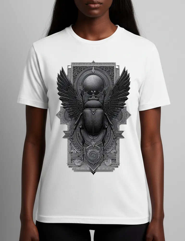 Sacred Beetle No. 04 – Unisex Esoteric Egyptian Etching T-shirt | Seraphina Black Signature Series