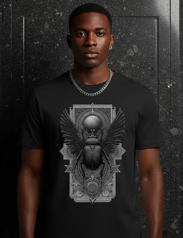 Sacred Beetle No. 04 – Unisex Esoteric Egyptian Etching T-shirt | Seraphina Black Signature Series