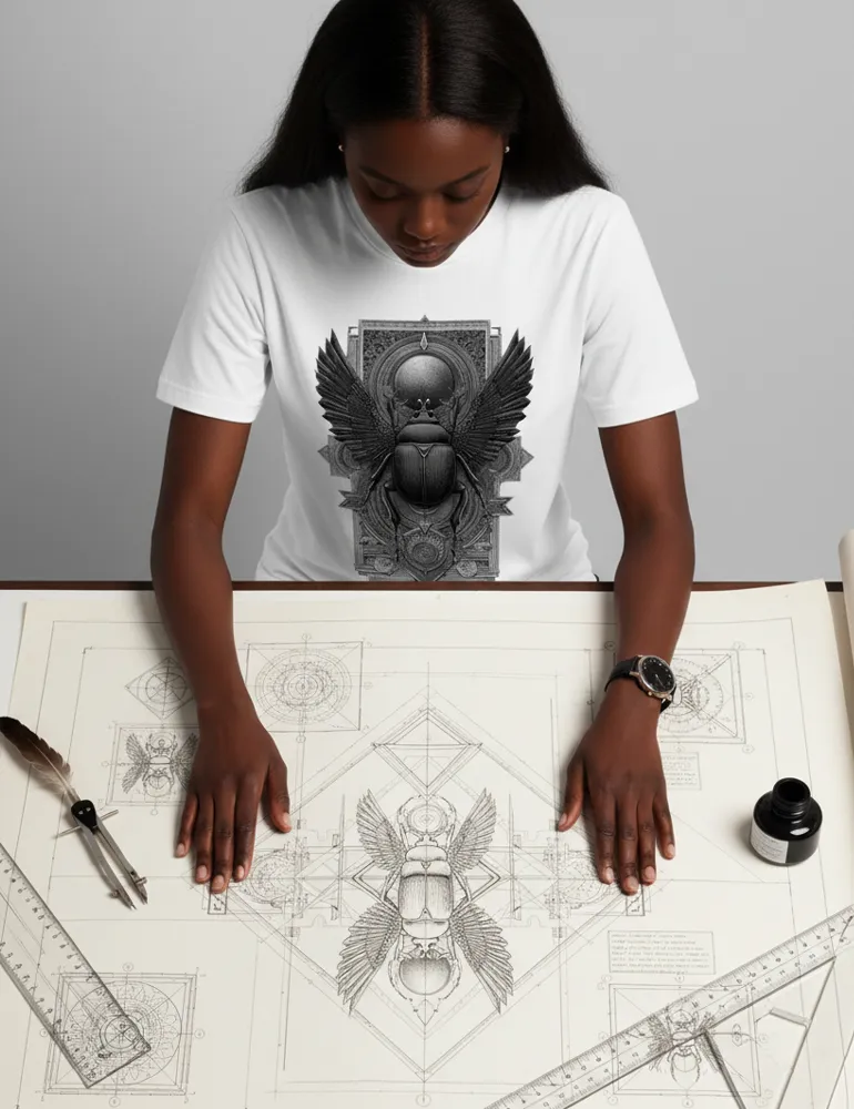 Sacred Beetle No. 04 – Unisex Esoteric Egyptian Etching T-shirt | Seraphina Black Signature Series
