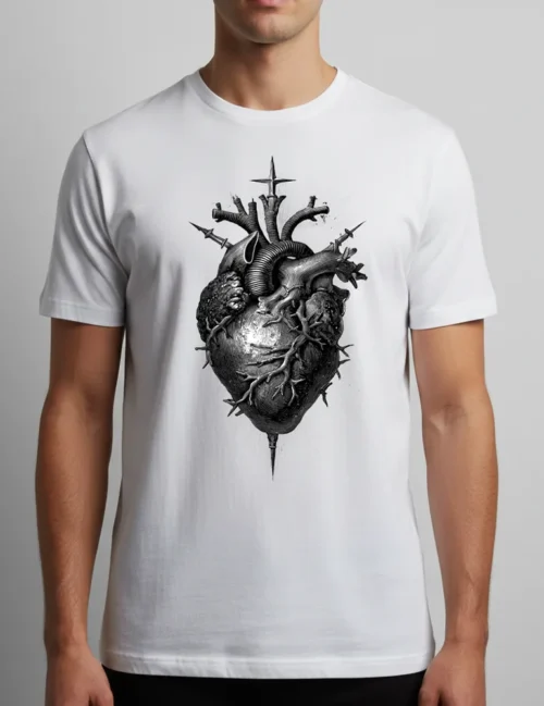Seraphina Black Sacred Heart No 05 flaming heart woodcut art on white premium cotton t-shirt