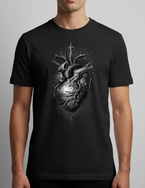 Seraphina Black Sacred Heart No 05 flaming heart woodcut art on white premium cotton t-shirt