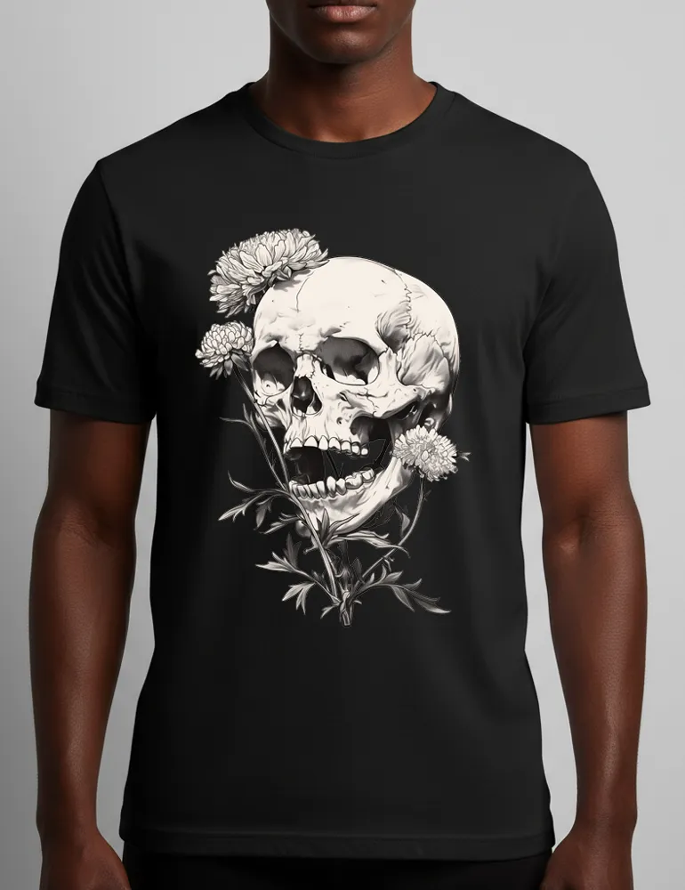 Deadly Flora No. 07 – Unisex Poisonous Bloom & Antique Skull Tee | Seraphina Black Signature Series