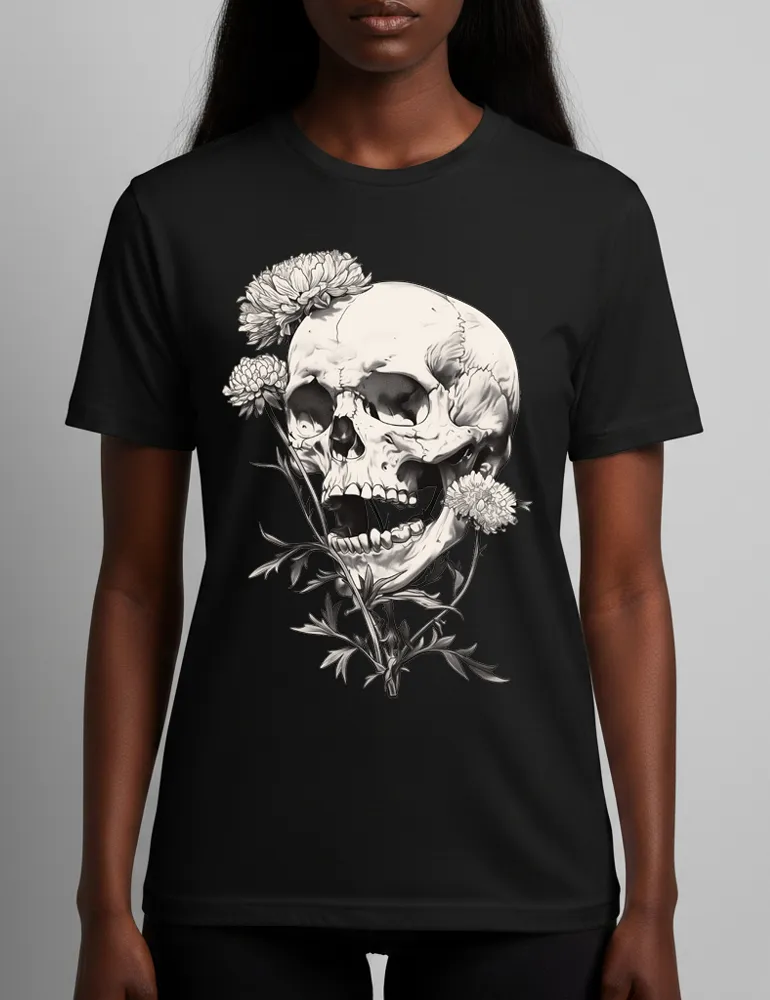 Deadly Flora No. 07 – Unisex Poisonous Bloom & Antique Skull Tee | Seraphina Black Signature Series