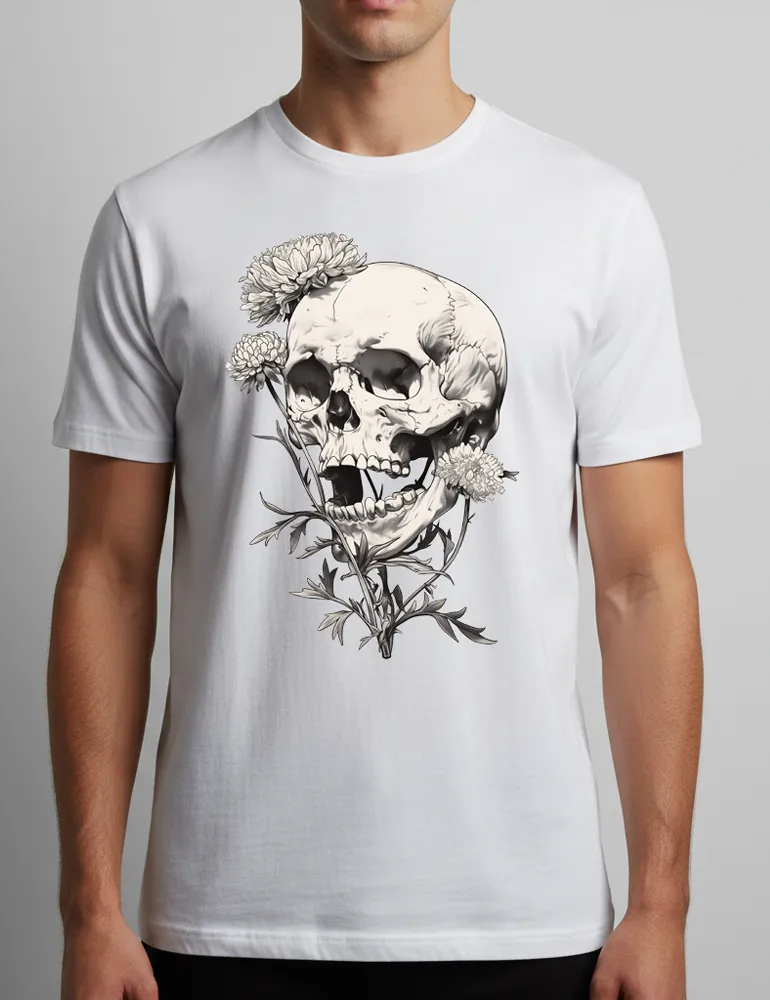 eraphina Black Deadly Flora No 07 poisonous flower growing from cracked skull on white premium t-shirt