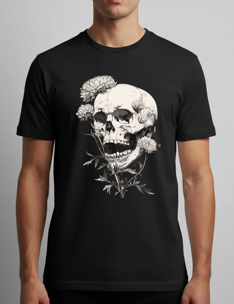 Deadly Flora No. 07 – Unisex Poisonous Bloom & Antique Skull Tee | Seraphina Black Signature Series