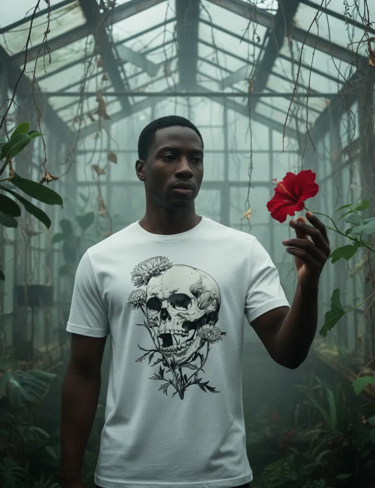 Deadly Flora No. 07 – Unisex Poisonous Bloom & Antique Skull Tee | Seraphina Black Signature Series
