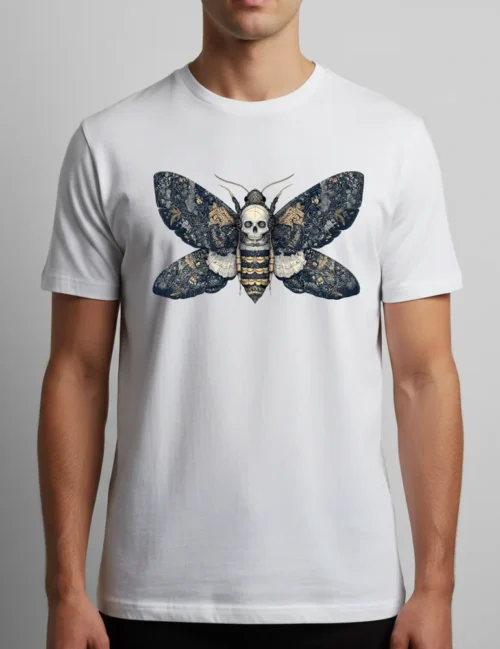 Camiseta blanca premium con grabado de polilla esfinge de la cabeza de muerte Seraphina Black Silent Witness No 08.