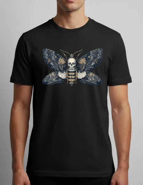 Camiseta blanca premium con grabado de polilla esfinge de la cabeza de muerte Seraphina Black Silent Witness No 08.