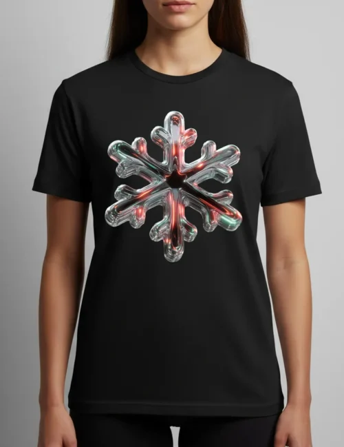 Ryu Tanaka Chrome Snowflake No 01 iridescent liquid chrome snowflake on black heavyweight t-shirt