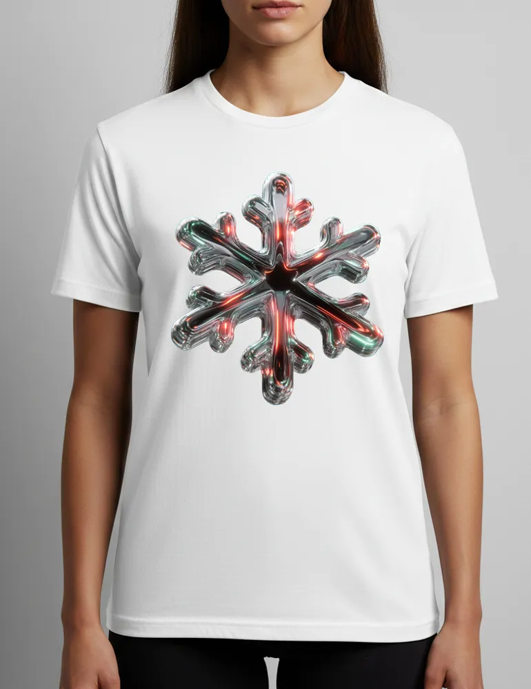 Ryu Tanaka Chrome Snowflake No 01 iridescent liquid chrome snowflake on black heavyweight t-shirt