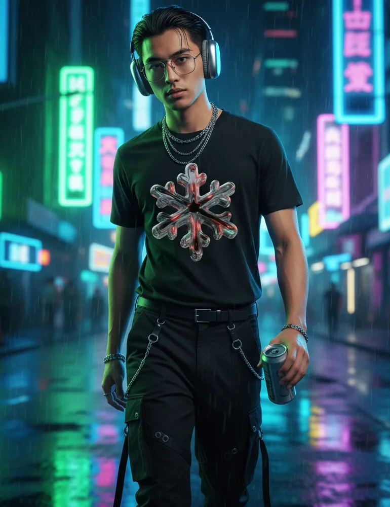 Chrome Snowflake No. 01 – Unisex 3D Iridescent Liquid Metal Tee | Ryu Tanaka Signature Series