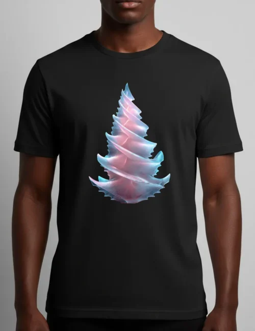 Ryu Tanaka Radiant Spiral No 02 3D frosted glass tree glowing pink and blue on black premium t-shirt