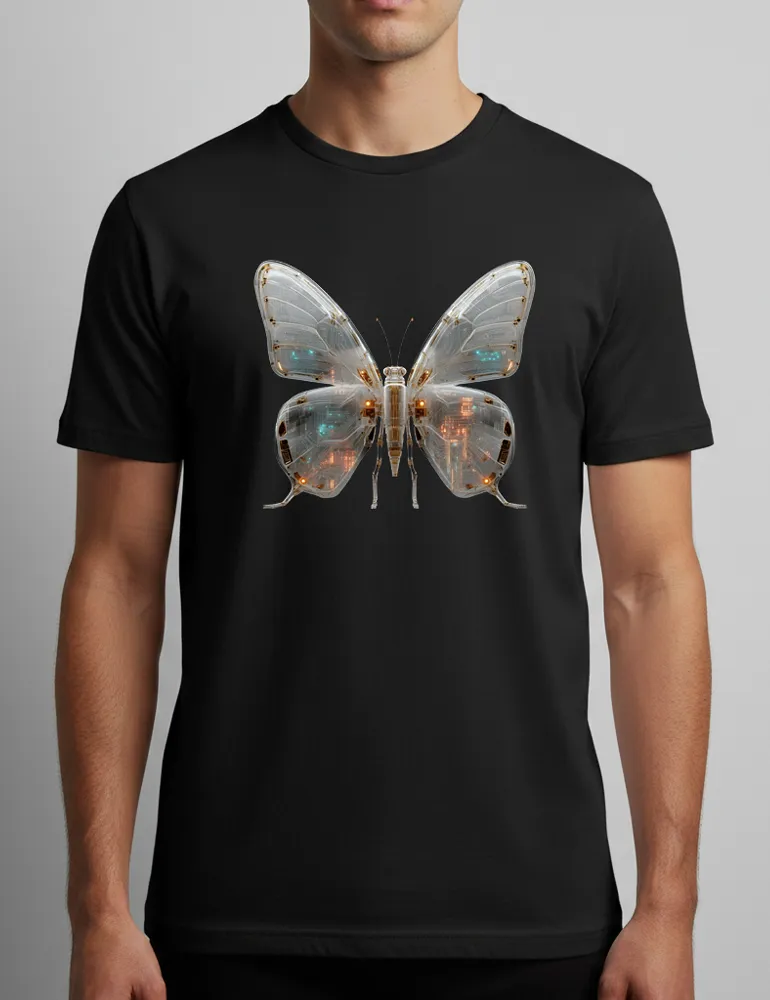 Ryu Tanaka Mecha Morpho No 03 liquid silver metal butterfly art on black heavyweight organic t-shirt